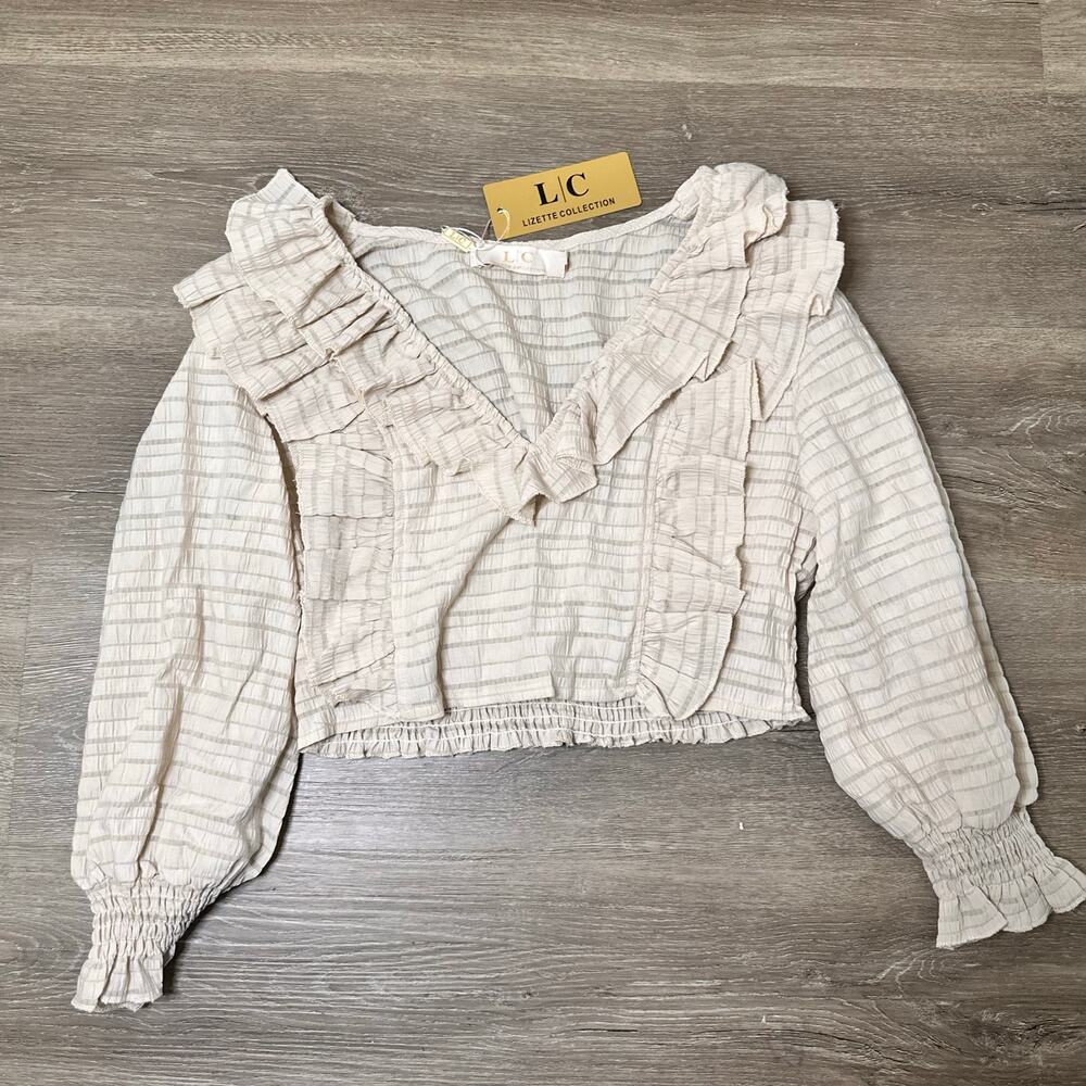 L | C Beige Peasant Top Cropped Ruffle Size Medium NEW WITH TAGS